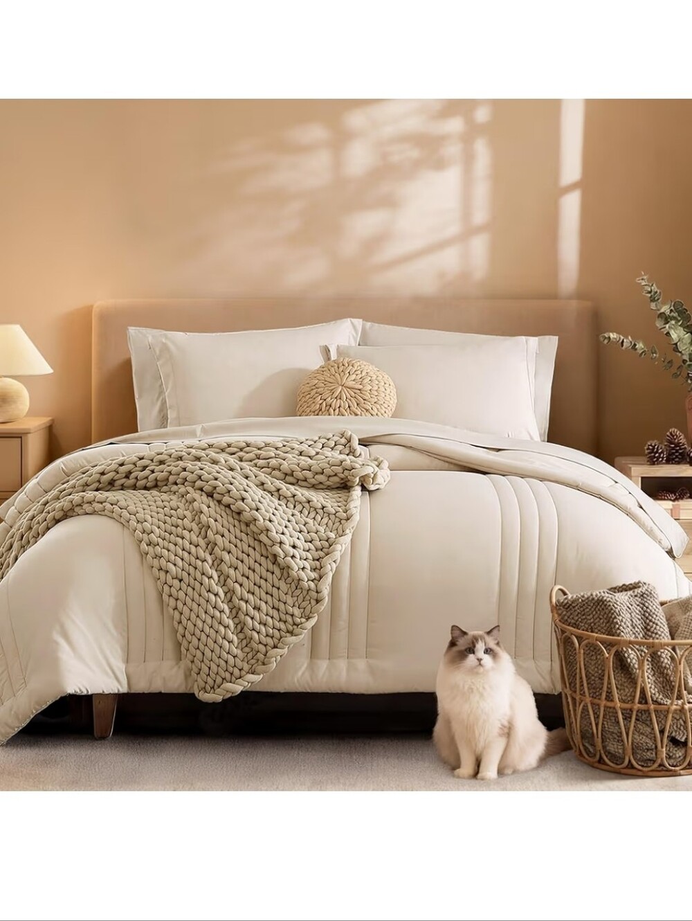 Monbix Oversized King Size Comforter Set - 7 Pieces Apricot Beige Bed in a Bag
